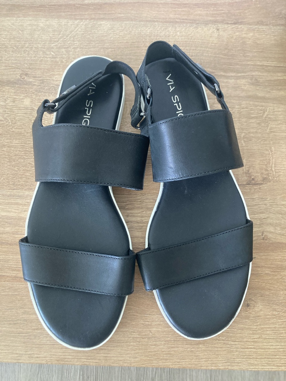 Via Spiga Black Leather Double-Strap Sandals